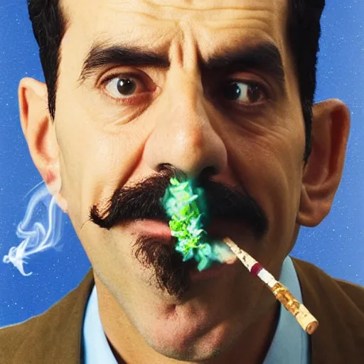 Image similar to A portrait of borat sagdiyev smoking a rolled marijuana joint, 8k, hyper-detailed