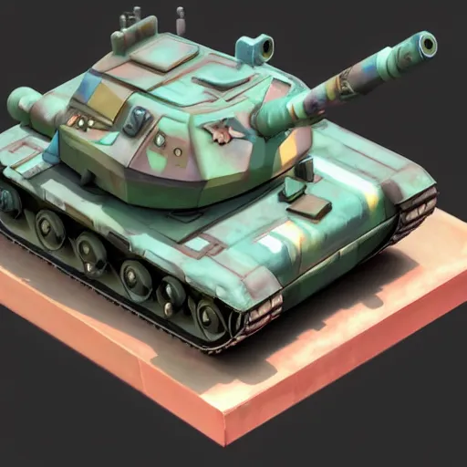 Image similar to chubby cute mobile game tank, 1 0 0 mm, 3 d render, isometric, diorama, blue background,