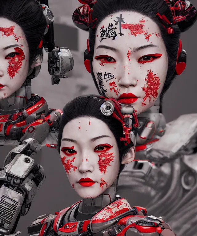 Prompt: an epic fantastic realism comic book style portrait painting of a japanese robotic geisha with kanji tattoos and decals, apex legends, octane render, intricate detail, 4 k hd, unreal engine 5
