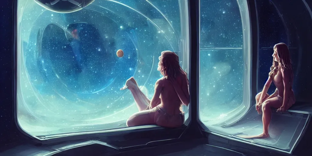 Prompt: pretty woman, sitting sad and alone in spaceship, gazing at view of galaxy in space through a window, by michael whelan, jim burns, peter andrew jones, michael hutter, sharp digital painting. dreaming latent space. matte painting, concept art. artstation. digital render.