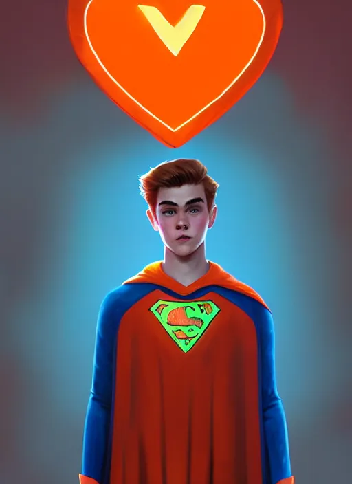 Image similar to kind teenage archie andrews wearing an orange superhero costume, superhero costume with heart emblem, cape, intricate, elegant, glowing lights, highly detailed, digital painting, artstation, sharp focus, illustration, art by wlop, mars ravelo and greg rutkowski