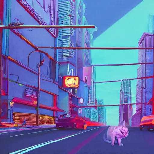 Image similar to neon city with a cat in the road cinematography