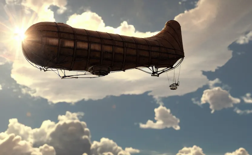 Prompt: photorealistic steampunk airship in the clouds. daylight. sunlight. lens flare. light fixtures. 8K. detailed. photorealism. artstation. 25mm f/1.7 ASPH Lens. ultra realistic