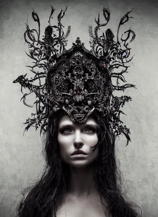 Prompt: a portrait of female model by stefan geselle and nekro borja, photorealistic, intricate details, hyper realistic, dark fantasy, ornate headpiece, dark beauty, photorealistic, canon r 3, photography, wide shot, photography, dark beauty, symmetrical features, wide angle shot, whole body, full body shot, standing pose, colored