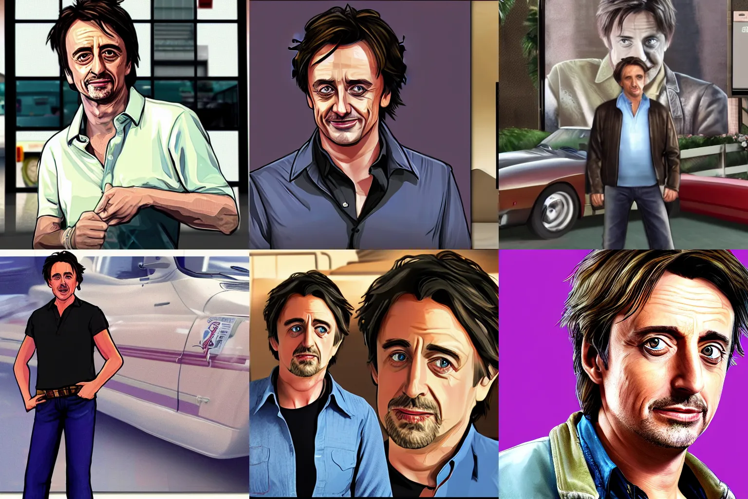 Prompt: richard hammond as a character in GTA, cell shaded, loading screen art, no text