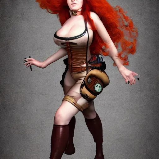 Image similar to redhead steampunk scientist's body is accidentally inflated to near bursting by experiment gone wrong. photorealistic full body image