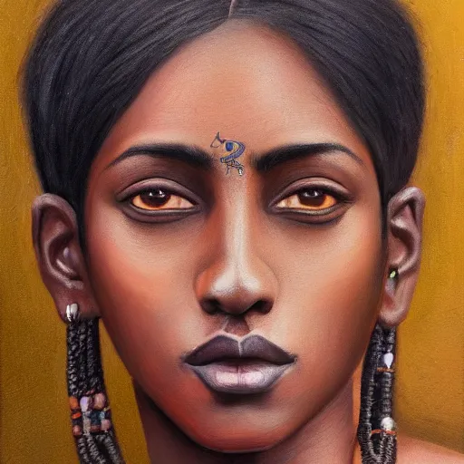 Image similar to A portrait of a thin trendy and gorgeous non-binary person, dark skin tone, Indian, oil painting, majestic, detailed, high resolution