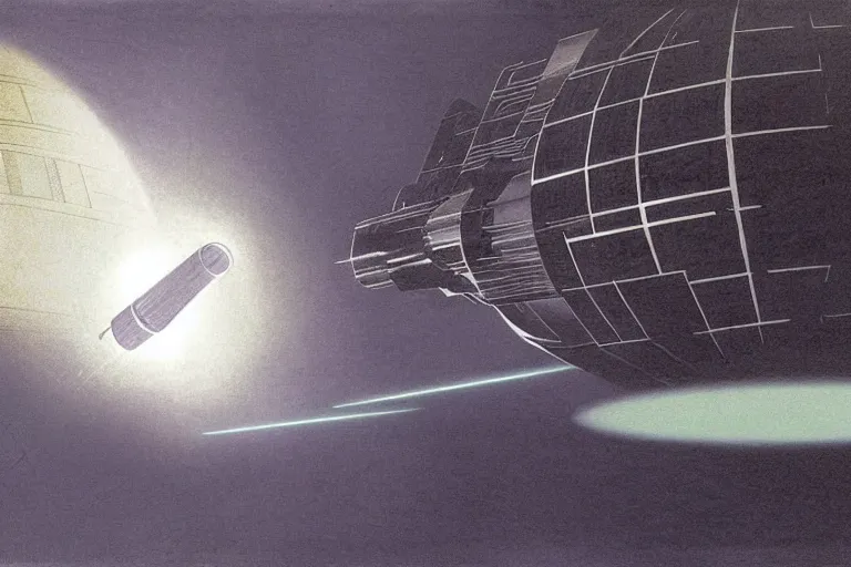 Image similar to ralph mcquarrie concept art, scene : ext death star the giant laser dish on the completed half of the death star begins to glow ; then a powerful beams shoots out toward the aerial battle.