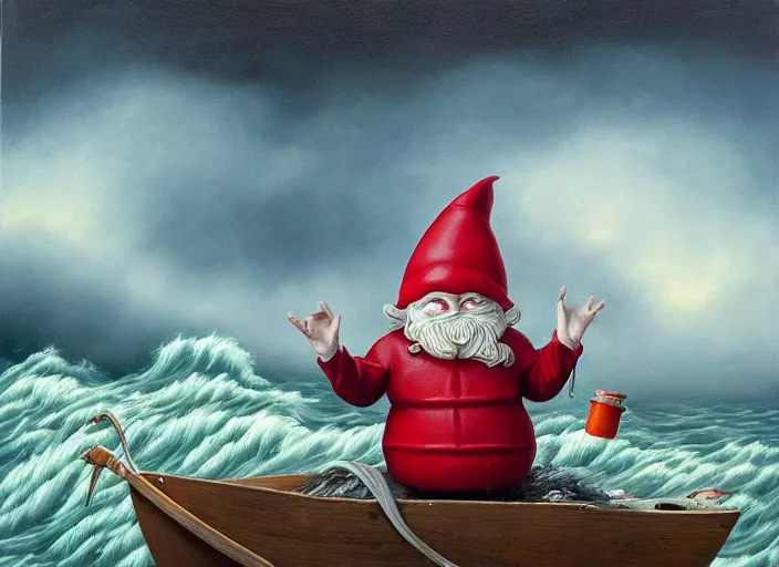 Image similar to a terrified garden gnome sailing in a bucket, background of raging ocean on a stormy with dramatic clouds, an ultrafine detailed painting by mark ryden, trending on deviantart, pop surrealism, whimsical, lowbrow, danger, perfect symmetrical face