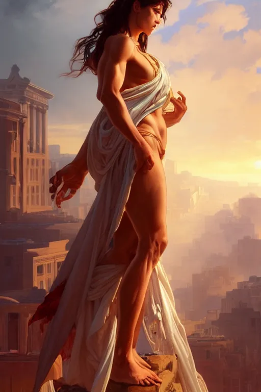 Image similar to full body portrait of beautiful greek god, standing amidst a blazing city, tattered robes, by terry o'neill intricate, elegant, highly detailed, digital painting, glistening skin, artstation, concept art, smooth, sharp focus, bright lighting, illustration, art by artgerm and greg rutkowski and alphonse mucha, 8 k