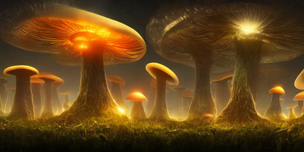 Image similar to giant glowing mushrooms towering over alien forest, at night, ray tracing, refractive, planets in the sky, award winning, trending on artstation, digital art. highly detailed 8 k. intricate. lifelike. soft light. nikon d 8 5 0.