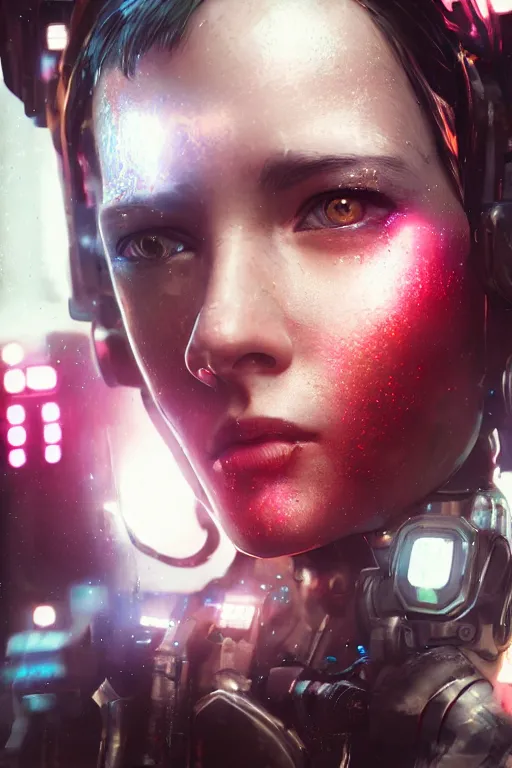 Prompt: beautiful close - up portrait of a cyborg mercenary girl, art by wlop and liam wong, cyberpunk, neon, combat armor, head and shoulders, intricate details, trending on artstation, sharp focus, caustics, octane render, radiant light, 4 k