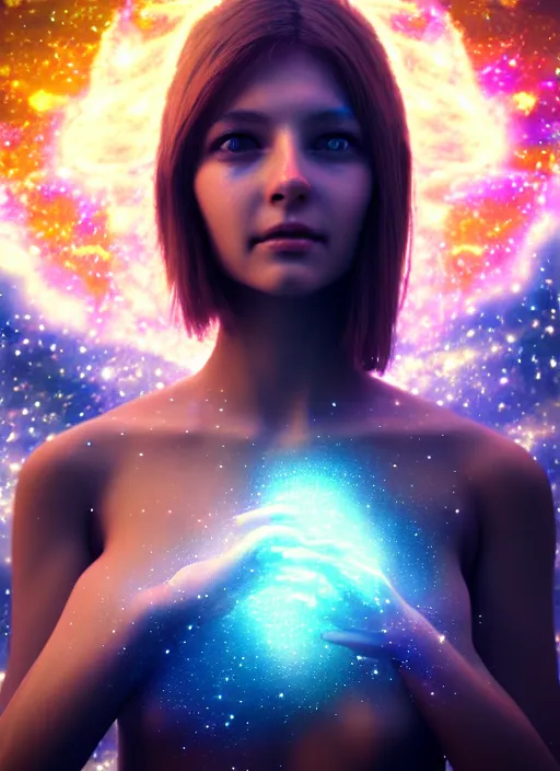 Image similar to portrait of beautiful angel girl with wings like a galaxy in space holding the universe in her hands, cyberpunk, 3 d render, hyper realistic detailed, scifi, fantasy, octane render, concept art