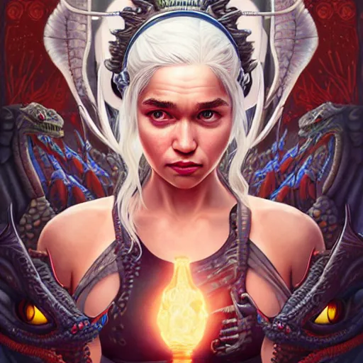 Image similar to Lofi BioPunk portrait daenerys targaryen with three dragons, Pixar style by Tristan Eaton Stanley Artgerm and Tom Bagshaw