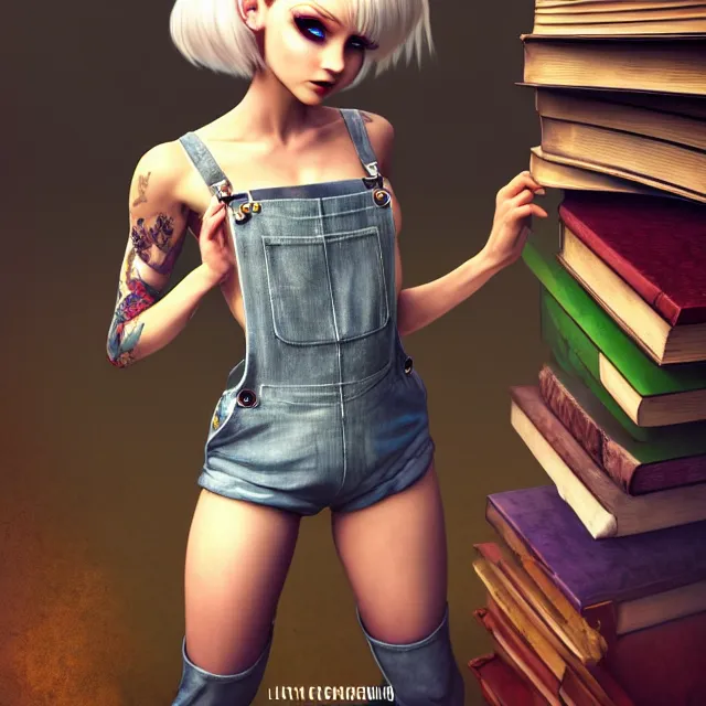 Image similar to full body pose, beautiful adult fairy, pixar, short white hair shaved sides, dirty, grungy, grunge, long sleeve, painted overalls, stacks of giant books, highly detailed, 4 k, hdr, smooth, sharp focus, high resolution, award - winning photo, artgerm, photorealistic