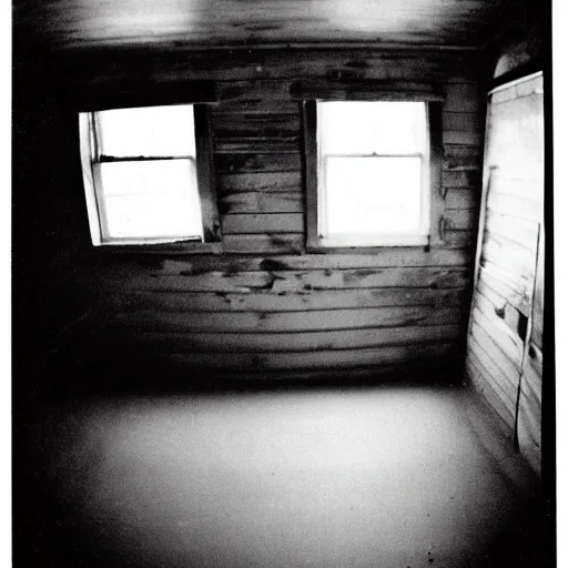 Image similar to a picture taken on an old photo with a bad bitrate inside of a cabin, there is mold all over the cabin floor, 2.2mm Lens.