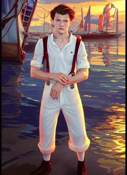 Image similar to cute tom holland wearing white sailor outfit on a steam boat, natural lighting, path traced, highly detailed, high quality, digital painting, by don bluth and ross tran and studio ghibli and alphonse mucha, artgerm