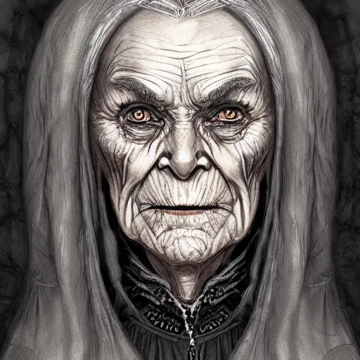 Prompt: portrait, old wrinkled witch. dark clothes. high detail, digital art, fantasy, RPG, concept art, illustration