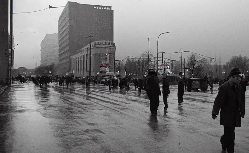 Image similar to 40s movie still of a sovietic street with pedestrians with soviet highrise in the backround , Cinestill 800t 18mm, heavy grainy picture, very detailed, high quality, 4k panoramic, HD criterion, dramatic lightning, streetlight at night, rain, mud, foggy, soviet flags