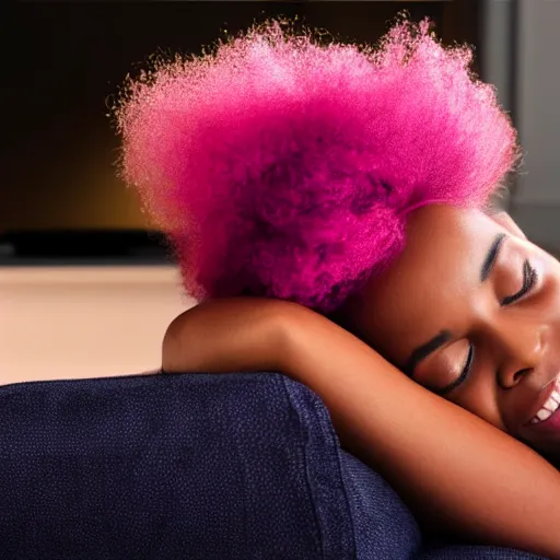 Prompt: young beautiful african - american woman with vibrant pink hair, sleeping in her bed with the tv on in the background, realistic studio quality photo