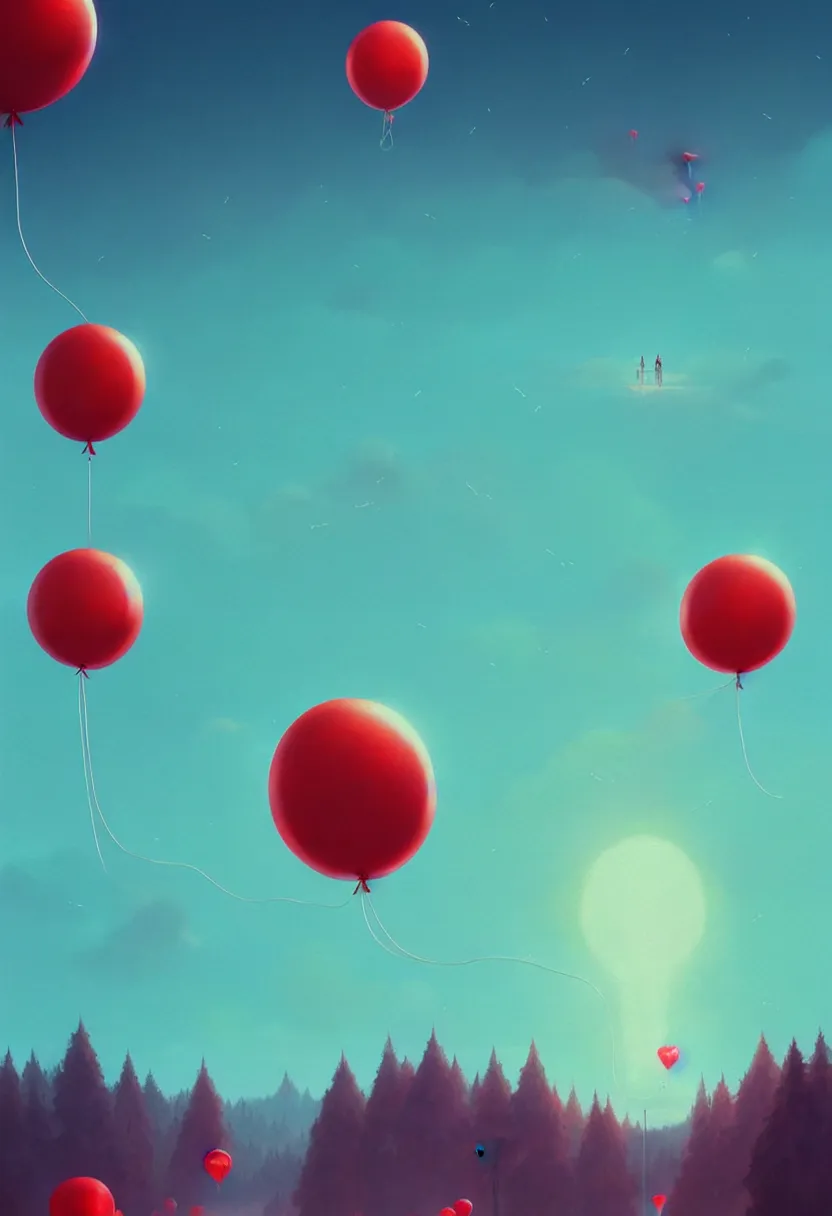 Prompt: red balloons flying up, in a light blue color palette of cosmic spring, flowing, intricate, beautiful render, award winning photography, by simon stalenhag and wlop and artgerm, beautiful illustration