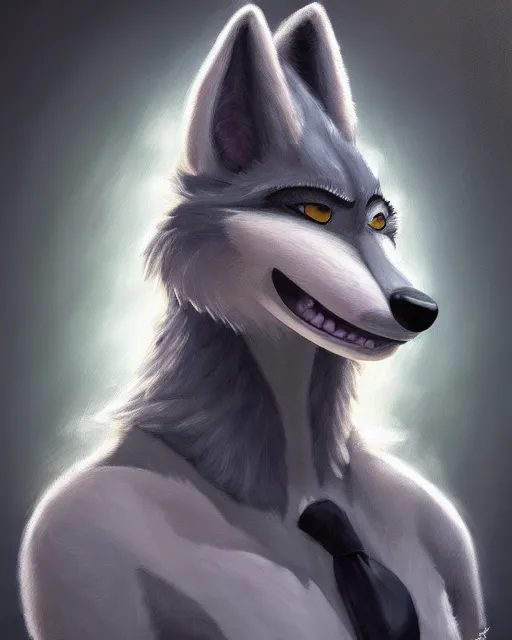 Image similar to oil painting of anthromorphic female wolf, in style of zootopia, female fursona, furry, furaffinity, 4 k, deviantart, furry art, fursona art, wearing black business suit, business suit, wolf fursona, female, very expressive detailed feminine face,