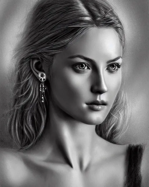 Prompt: pencil drawing of a beautiful greek goddess aphrodite with arrowhead earrings, beautiful piercing eyes with sexy look, beautiful blonde hair, hyper realistic face, in the style of greg rutkowski, fantasy, amazing detail, epic, elegant, smooth, sharp focus, from the front