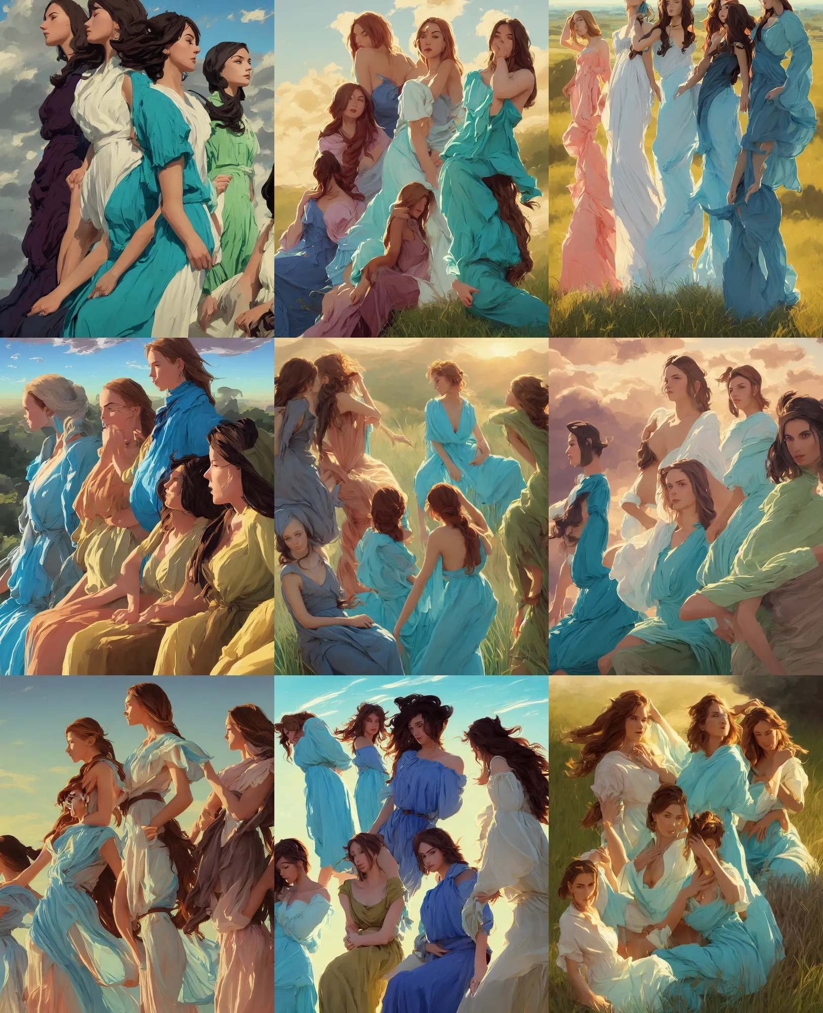 Prompt: three sitting girl in cyan and brown and white maxi dresses between clouds above green fields in sunset light, close up portrait, elegant, league of legends and warframe, intricate, digital painting, artstation, concept art, golden hour, smooth, sharp focus, illustration, art by ed mell and Daniel F. Gerhartz and Jacek Malczewski and gustav klimt, Tibor Nagy