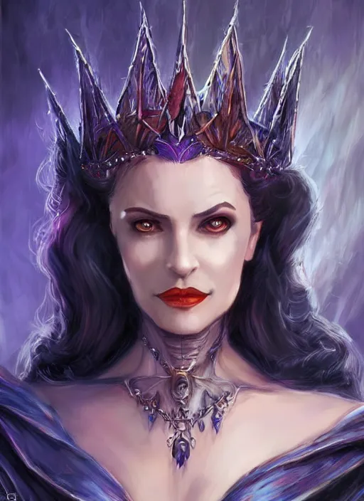 Image similar to evil queen beautiful wearing a crown, ultra detailed fantasy, dndbeyond, bright, colourful, realistic, dnd character portrait, full body, pathfinder, pinterest, art by ralph horsley, dnd, rpg, lotr game design fanart by concept art, behance hd, artstation, deviantart, hdr render in unreal engine 5