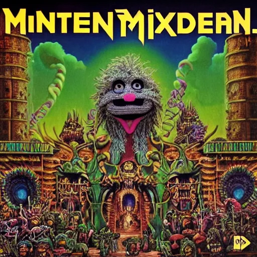 Image similar to animal the muppet on iron maiden album cover, 8 k resolution hyperdetailed scary dystopian surrealism style of alex grey
