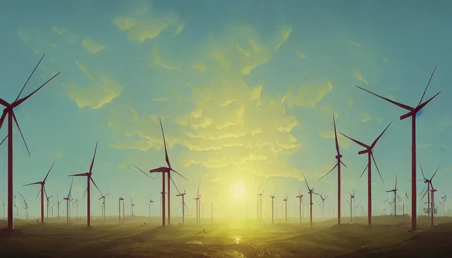 Image similar to city full of solar panels and windmills, early morning sun in the sky, simon stalenhag