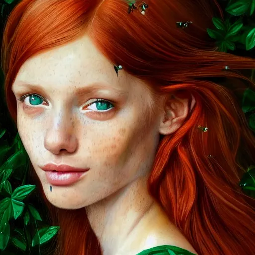 Image similar to a highly detailed, hyper realistic, red haired young woman, among golden fireflies, with long hair, green eyes, hint of freckles, gentle face, tilted head, cheeky smile, deep focus, elegant, digital painting, smooth, sharp focus, golden ratio, illustration, ultra realistic, 8 k, art by artgerm and caravaggio