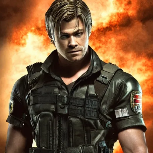 Image similar to chris hemsworth as leon kennedy in resident evil, 4k, high detail, high-resolution photograph, professional photography