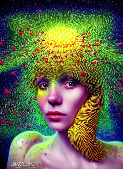 Image similar to hyper detailed 3d render like a Oil painting - Aurora (Singer) looking adorable and seen joyfully Eating of the Strangling network of yellowcake aerochrome and milky Fruit and Her delicate Hands hold of gossamer polyp blossoms bring iridescent fungal flowers whose spores black the foolish stars to her adorable smirking mouth by Jacek Yerka, Mariusz Lewandowski, Houdini algorithmic generative render, Abstract brush strokes, Masterpiece, Edward Hopper and James Gilleard, Zdzislaw Beksinski, Mark Ryden, Wolfgang Lettl, hints of Yayoi Kasuma, octane render, 8k