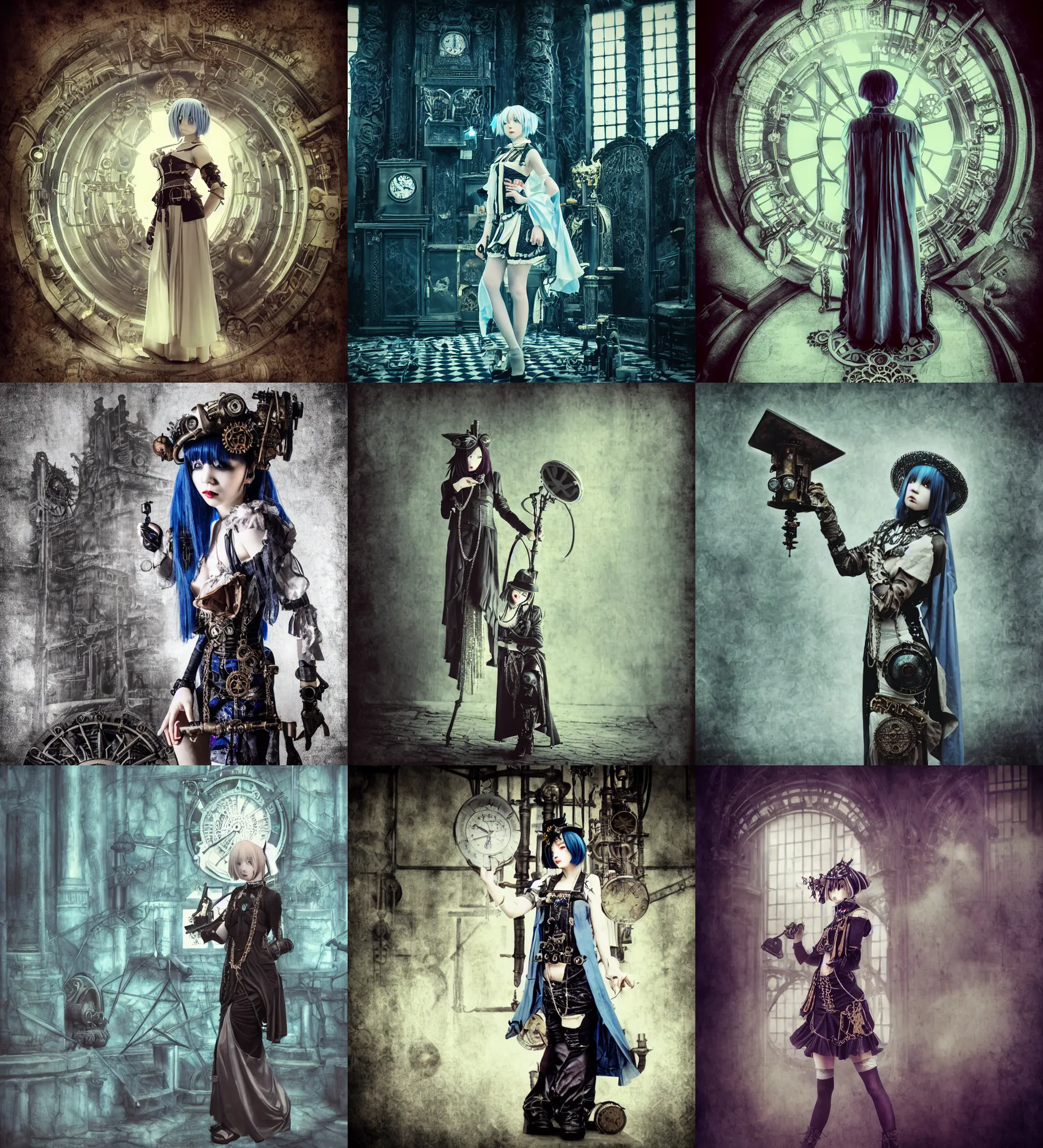 Prompt: lomography, full body portrait photo of women like reol from a distance as a steampunk priestess giving a sermon in the temple of gearsinterior, moody, realistic, dynamic perspective pose, light blue filter, skin tinted a warm tone, hdr, rounded eyes, detailed facial features, alphone mucha, black white gold