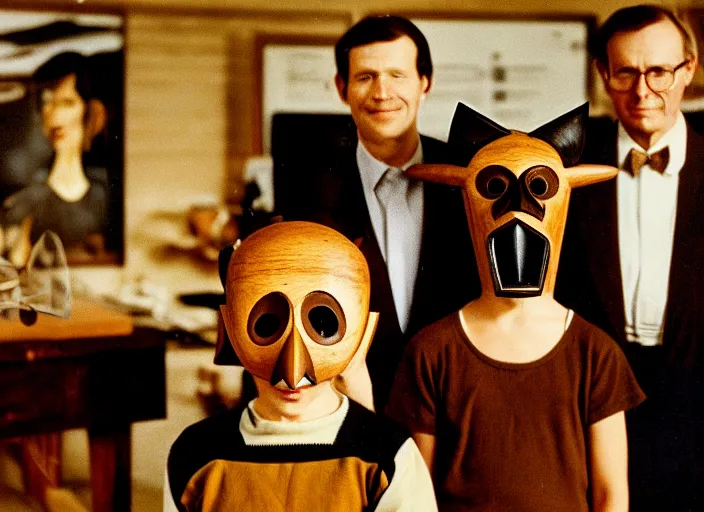 Prompt: realistic photo portrait of the family, brown mustard shirt, black tie, crow mask face, wooden polished and fancy expensive wooden laboratory hall interior with museum artifacts 1 9 9 0, life magazine reportage photo