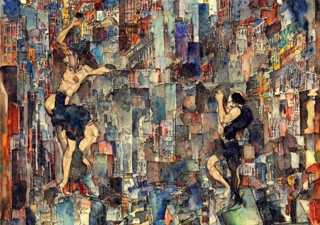 Prompt: watercolor of a punk latino greek god searching through the streets of a glass and steel metropolis, sparse detail, saturated color scheme, by george luks, victor brauner and moebius