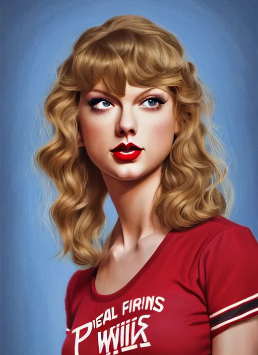 Image similar to twin peaks movie poster art, portrait of taylor swift the local cheerleader, from scene from twin peaks, clean, simple illustration, nostalgic, domestic, highly detailed, digital painting, artstation, concept art, smooth, sharp focus, illustration, artgerm, donato giancola, joseph christian leyendecker, wlop