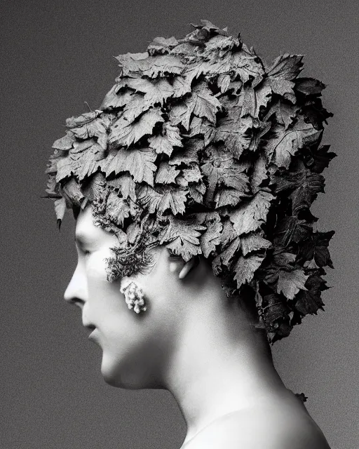 Image similar to a woman's face in profile, made of intricate decorative ivy, in the style of the dutch masters and gregory crewdson, dark and moody