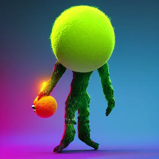 Prompt: a tennis ball monsters , colorful, digital art, fantasy, magic, trending on artstation, ultra detailed, professional 3D render by Beeple
