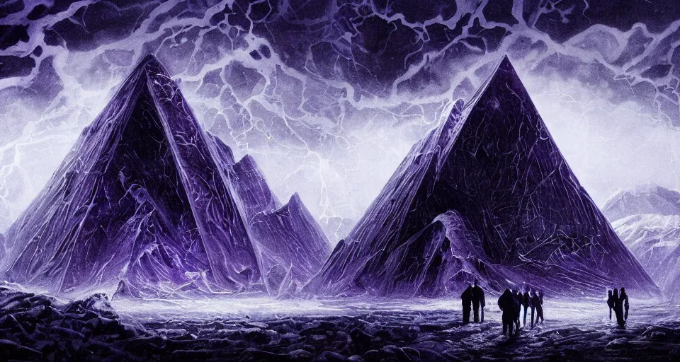 Image similar to black lovecraftian eldritch!! obsidian covered in etching pyramid!! purple light beams on a snowy mountain, being found by explorers, snowy, windy, by eugene von guerard, ivan shishkin, night, lightning!!, storm!, dramatic lighting, concept art, trending on artstation, 8 k