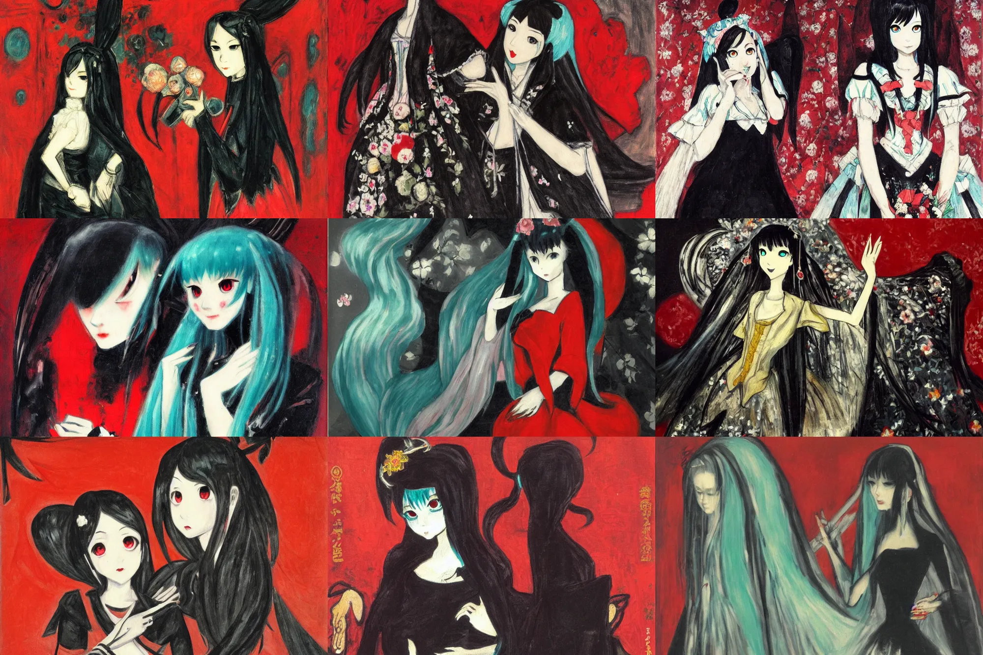 Image similar to A very soft and dark haunting oil painting of Hatsune Miku in a black ornate wedding dress, scarlet background, by Oskar Kokoschka, ethereal, evil presence, haunted painting