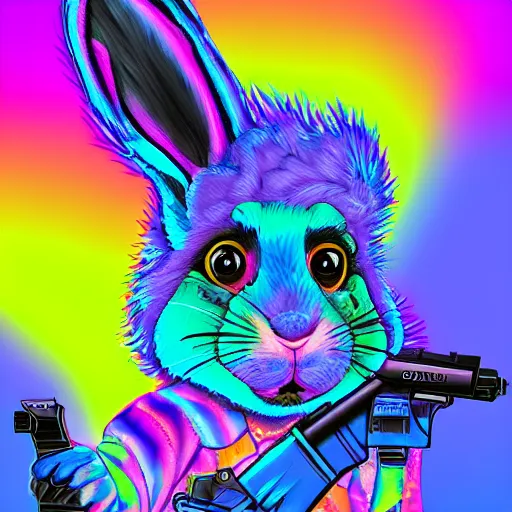 Image similar to portrait of rabbit with UV neon fur holding a machine gun , 8k, highly detailed, sharp, realistic, in style of Lisa Frank, Artstation, deviantart