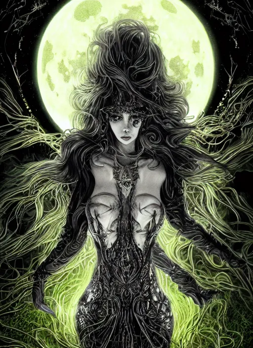 Image similar to glowing silver and golden elements, full close-up portrait, A beautiful dark witch in front of the full big moon, book cover, green forest, red white black colors, establishing shot, extremly high detail, foto realistic, cinematic lighting, pen and ink, intricate line drawings, by Yoshitaka Amano, Ruan Jia, Kentaro Miura, Artgerm, post processed, concept art, artstation, matte painting, style by eddie, raphael lacoste, alex ross