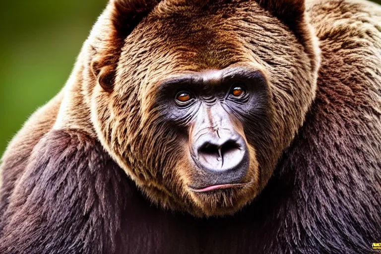 Image similar to a grizzly bear gorilla!!! hybrid! hyper realistic!! realistic lighting!! wildlife photographer of the year!!! bold natural colors, national geographic, hd, wide angle, 8 k