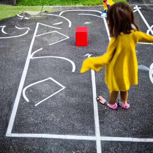 Image similar to the grim reaper losing a game of hopscotch to a little girl, photography