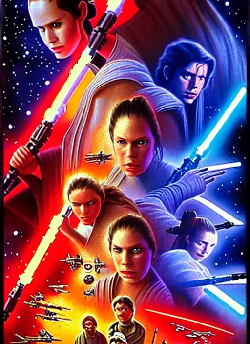 Prompt: epic cinematic poster artwork for featuring portraits for lost star wars film 1 9 9 0 moody painting by drew struzan, beautiful backlit, colorful, epic award winning, artstation, extremely detailed, flare, photorealistic, 4 k