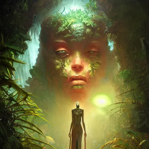 Image similar to a hyperrealistic illustration of a dark monster in a jungle, Jungle with fractal sunlight, award-winning, masterpiece, in the style of Tom Bagshaw, Cedric Peyravernay, Peter Mohrbacher