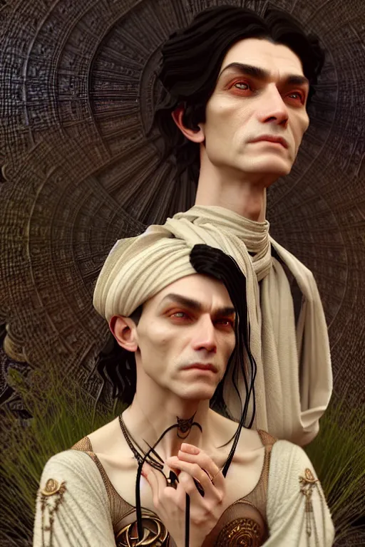 Image similar to ultra realistic, thin man in peasant clothes, black hair, brown eyes, occult jewelry, fantasy, intricate details, eerie, highly detailed, octane render, 8 k, art by artgerm and alphonse mucha and greg rutkowski