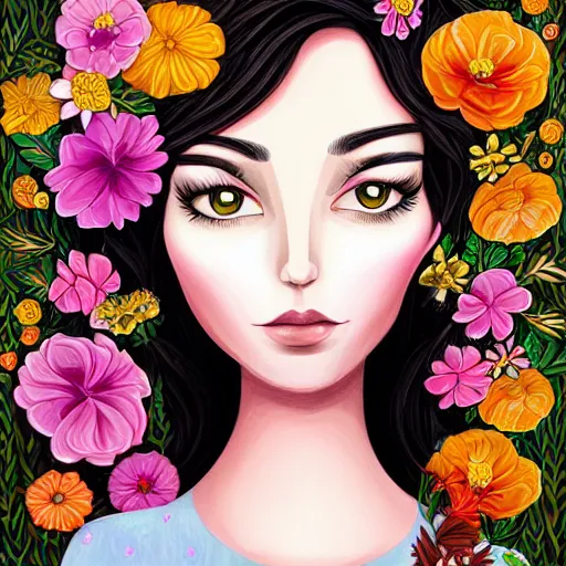 Image similar to portrait of beautiful woman by jeremiah ketner, digital, detailed, textured hair, flowers